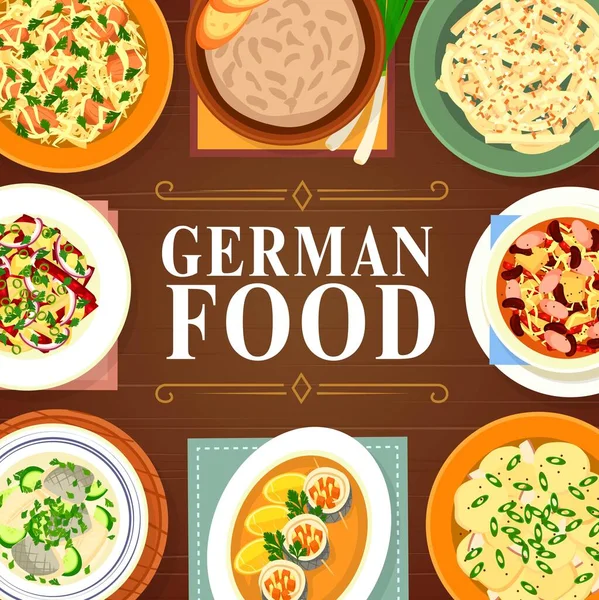 German Cuisine Food Germany Sauerkraut Sausages Dinner Salads Vector German — Stock Vector