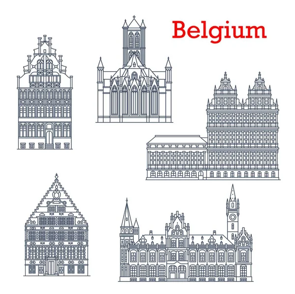 Belgium Utazási Tereptárgyak Építészet Gentben Épületek Katedrális Templomok Vektor Ikonok — Stock Vector