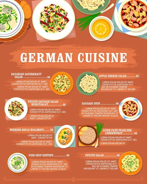 Γερμανικής Κουζίνας Μενού Και Γερμανία Εστιατόριο Πιάτα Τροφίμων Διάνυσμα Γερμανική — Διανυσματικό Αρχείο