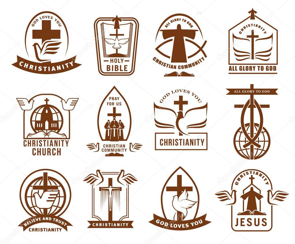 Christian community, church or mission icons set. Christianity religion emblems and sings with bible, white dove and cross, Jesus Christ silhouette, crucifix and globe, monks and ichthys symbol vector