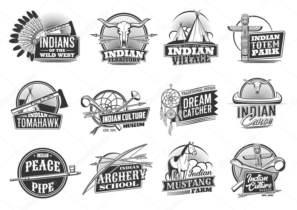 Indian native Americans icons, Wild West culture and traditions, vector. Native American Indians Apache, Navajo or Cherokee tribes symbols of totem, canoe, longhorn bull skull and dream catcher