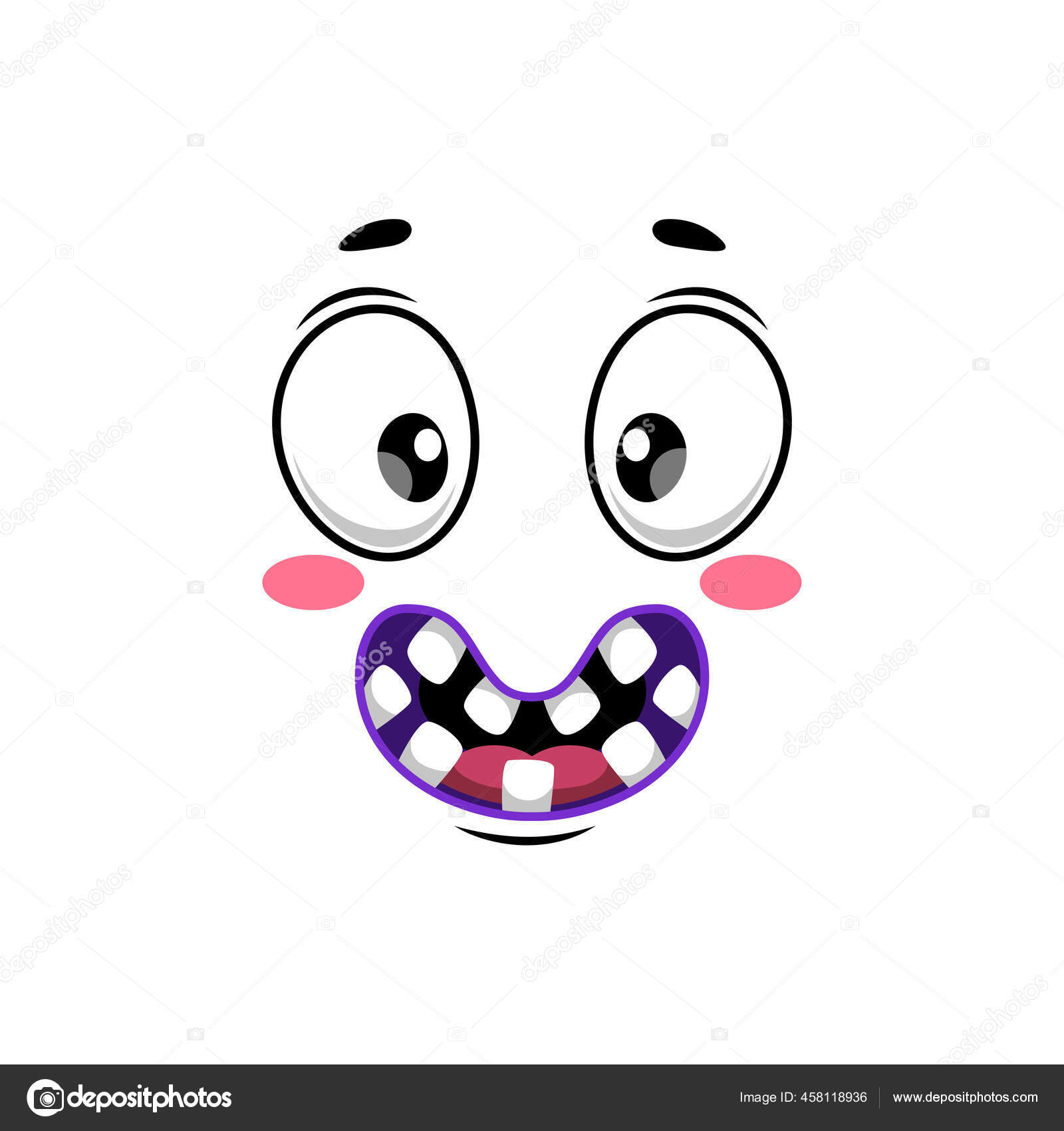 Loudly screaming emoji face, shocked emoticon in bad mood isolated scared  face expression. Vector frightened horror face expression crazy screaming  emoticon, shouting smiley with wide open mouth Stock Vector