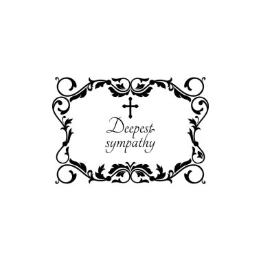 En derin sempatik el yazısı harfleri, çiçek süsü dikdörtgen tek renkli çerçeve izole. Mezar taşı veya mezar taşı üzerine vektör yazıtlar, anıt süslemeler. Taziye Anıtı Anıları