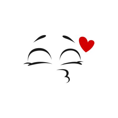 Kırmızı kalple öpüşen emoji suratı izole edilmiş öpüşme ifadesi. Vektör gülümseme, göz kırpan yüz ve uçan öpücük, konuşma şeması sosyal ağ simgesi. Gülen öpücük, çizgili sanat karakteri, kapalı gözler.