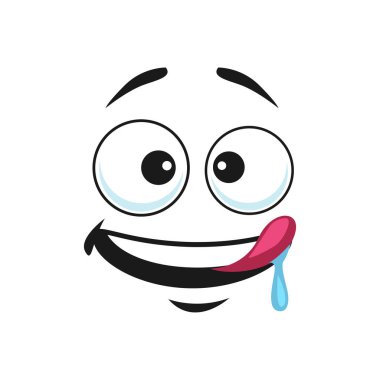 Pleased yummy emoji isolated smiley emoticon with saliva dripping from tongue. Vector pleased hungry emoji ready to enjoy tasty food. Teasing smiley, yummy emoji speech bubble or chatbot thirsty emoji clipart