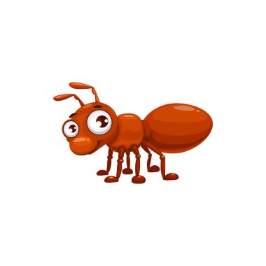 Çizgi film karınca vektör ikonu, sevimli yüzlü ve büyük gözlü komik emmet böceği. Çocuk kulübü için Pismire maskotu, tasarım elementi, vahşi yaratık, haşere ilacı beyaz arka planda izole edilmiş.