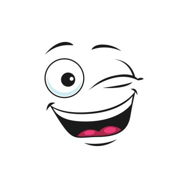 Ağzı açık bir duygusallık ve göz kırpma ikonu. Mutlu gülen emoji vektörü, gülen surat ifadesi. Tatmin olmuş avatar ifadesi, komik adam kafası, göz kırpması, komik şaka işareti.