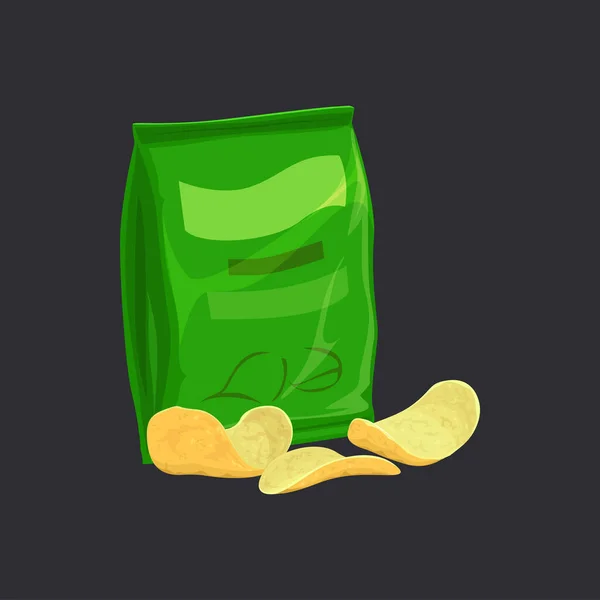 Patatas Fritas Saladas Paquete Verde Aislado Chips Crujientes Paquete Patatas — Vector de stock