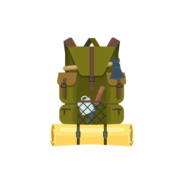 Wanderrucksack Mit Isolierter Lagerausrüstung Vector Khaki Rucksack Mit Isomatte Axt — Stockvektor