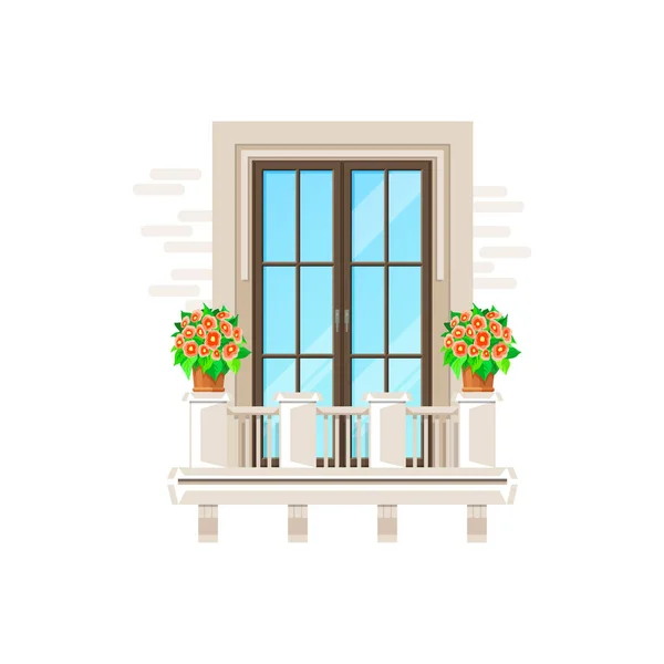 阳台和窗户 房屋建筑立面门廊栏杆 矢量平面图标 公寓或豪宅 有石墙的阳台和栏杆上的花朵 经典的现代或老式阳台窗户 — 图库矢量图片