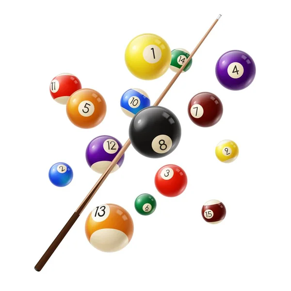 Billiard Balls Cue Realistic Vector Various Color Billiard Balls Digits — Stock Vector