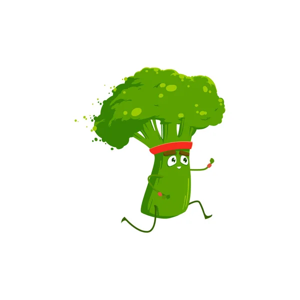 Cartoon broccoli sportsman running, vector icon, funny vegetable character sport exercises, race on stadium isolated on white background. Healthy food run, sports lifestyle, organic nutrition symbol