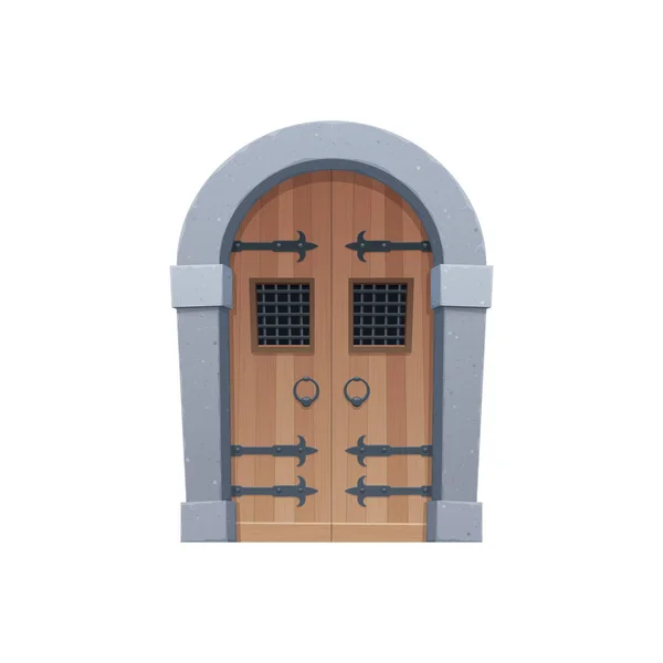 拱形中世纪卡通门或门隔离童话故事入口隔离图标 木材和石材的矢量回旋门 弧形进入城堡或塔楼 带有锻件的门 装有环柄的老门 — 图库矢量图片