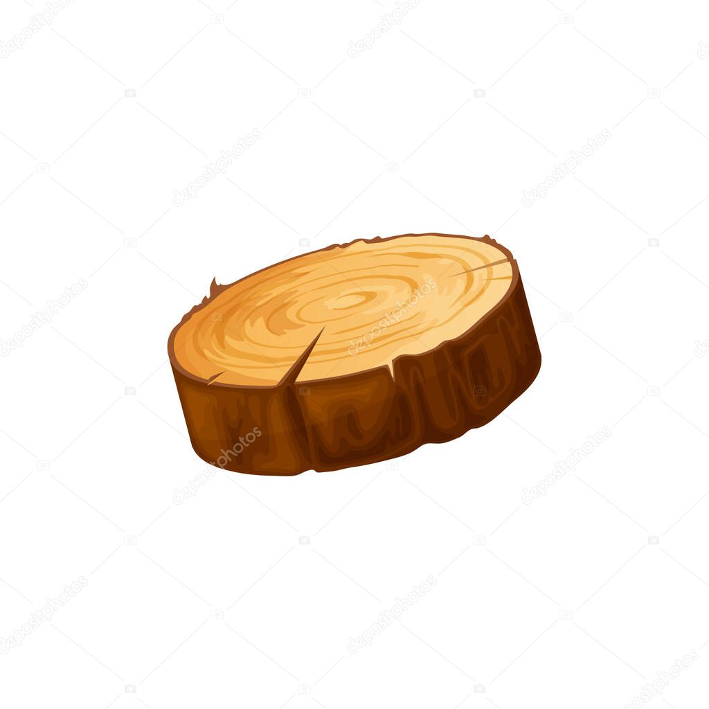 Log of round wood, chopped tree bark of felled dry wood isolated flat cartoon icon. Vector saw cut tree trunk with wooden rings. Lumber circle with cracked pattern, oak pine timbers, natural texture