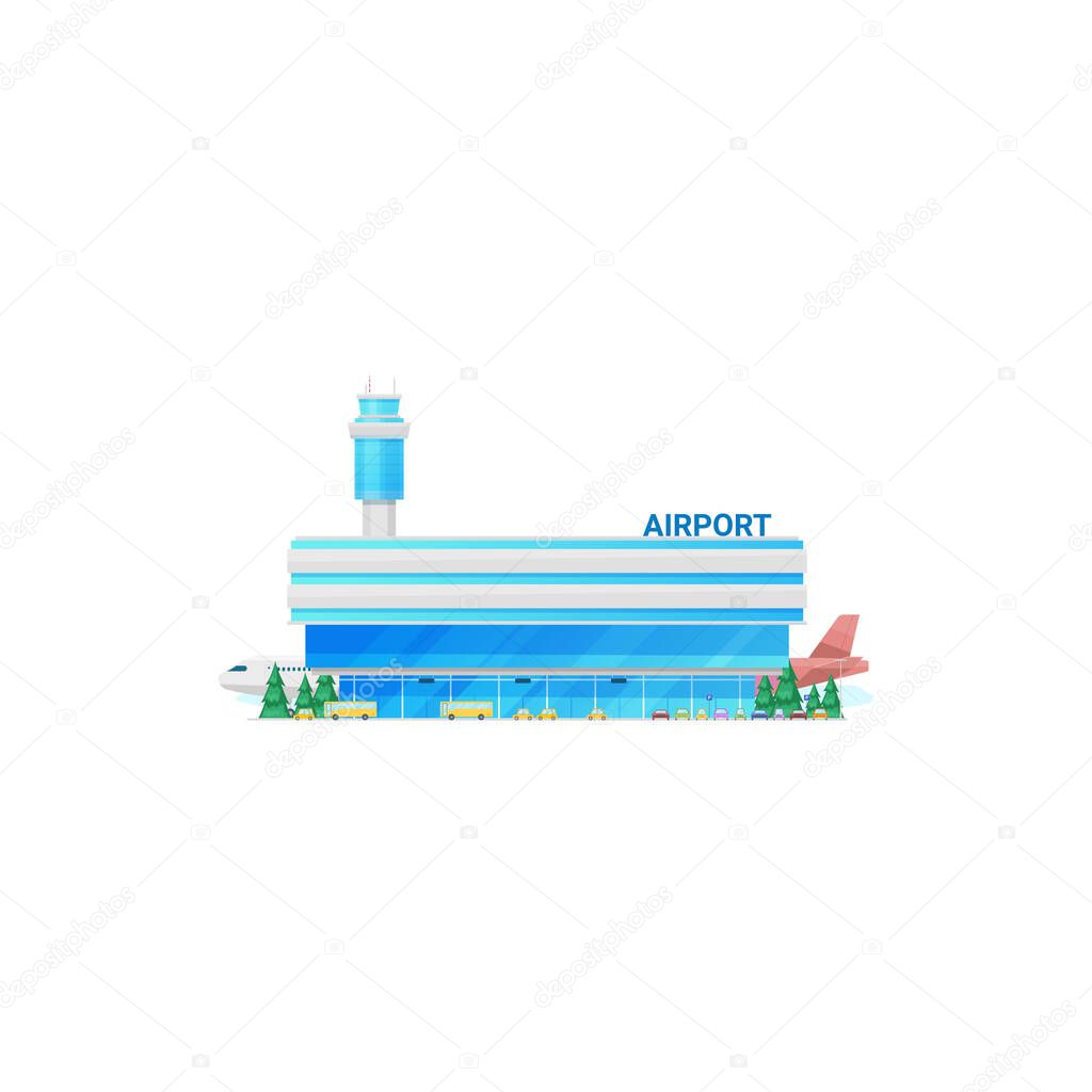 Airport building, terminal, traffic control tower isolated icon. Vector modern city airport facade, taxis and buses, sky harbor. Airplanes and control tower, plane jet at airfield, public skyline port
