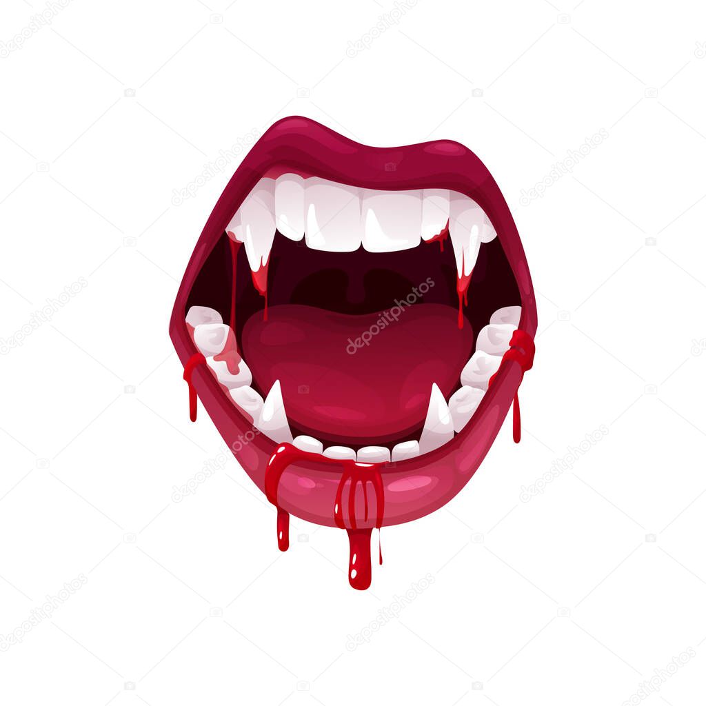 Vampire mouth with fangs vector icon. Cartoon open female red lips with long pointed teeth and bloody saliva dripping, monster jaws express emotion isolated on white background