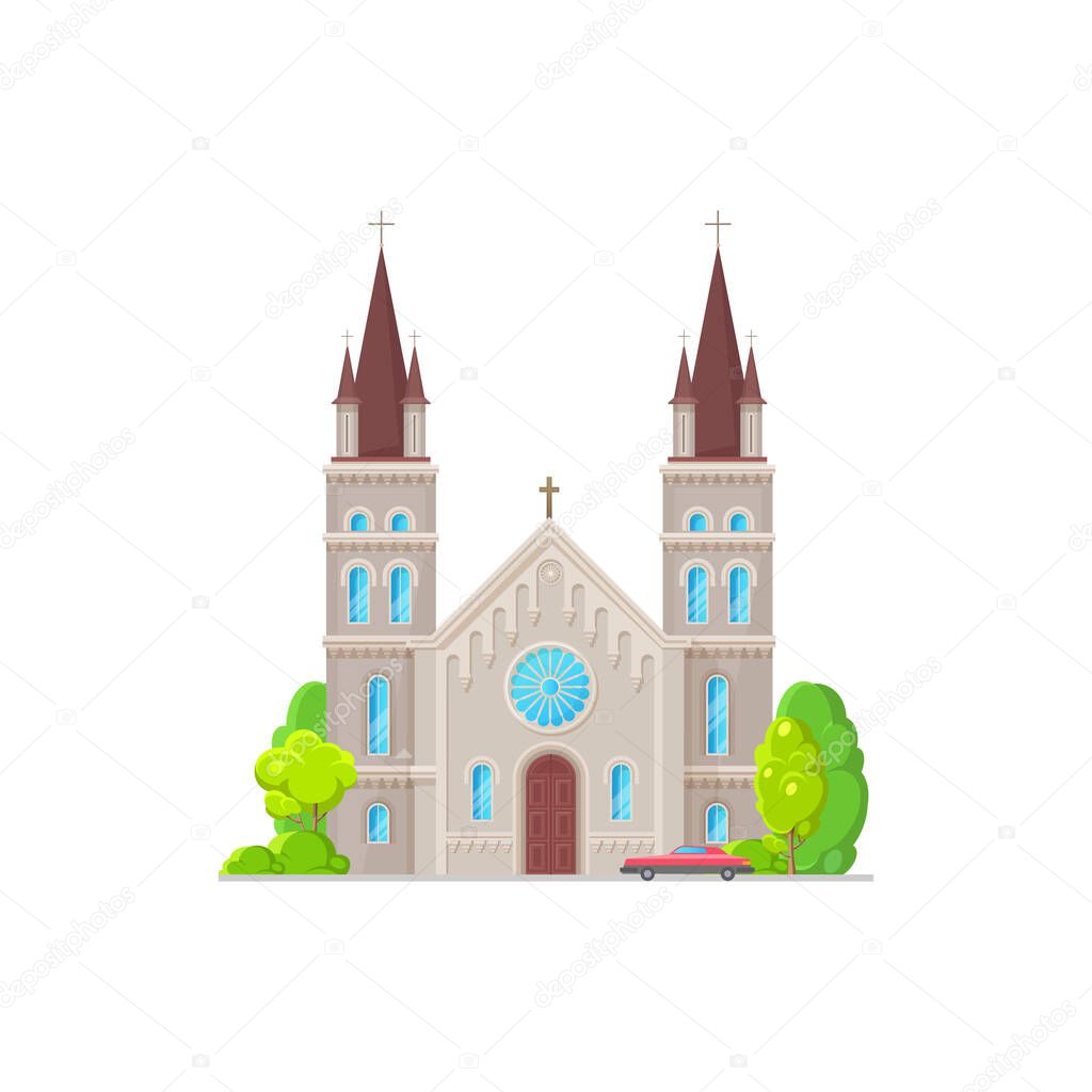 Christian church isolated catholic chapel with stained glass, towers with cross on top. Vector holly place to hold funeral and wedding ceremonies, cathedral or monastery evangelic or orthodox facade