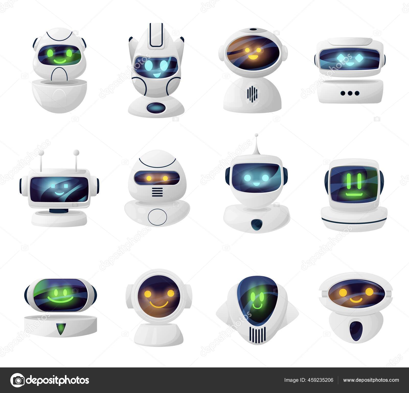 Роботы Головы Андроидов Милыми Лицами Экране Улыбающиеся Персонажи.