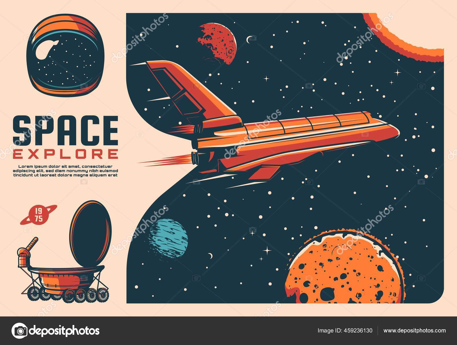 Romforskningsromskip Planeter Retro Plakat Romfart Romferge Astronauthjelm  Måne Rover Med stockvektor © VectorTradition #459236130, image size:1600x1208