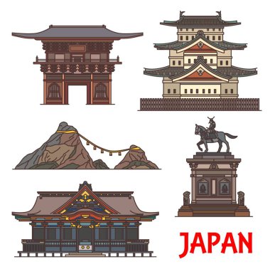 Japon mimari simgeleri, tapınaklar ve Japon binaları, vektör. Japonya seyahat türbeleri ve pagoda evleri, Tosho-ji tapınağı, Masamune binicilik heykeli Sendai ve Meoto Iwa evli çift kayaları