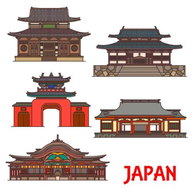 Japonya, tapınaklar ve türbeler mimari, Japon Budist simgeleri, vektör binalar. Fukuoka 'daki Dazaifu Temmangu tapınağı, Nagasaki' deki Sofuku-ji tapınağı kapıları ve Osaka 'daki Sumiyoshi Taisha tapınağı.