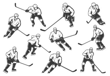 Buz hokeyi oyuncuları vektör tek renkli spor takımı üniforma ve hareket halindeki sopalarla kask giyer. Şampiyonluk, hokey kulübü yarışması, izole erkek sporcular karakterler, profesyonel hokey ekipmanları.