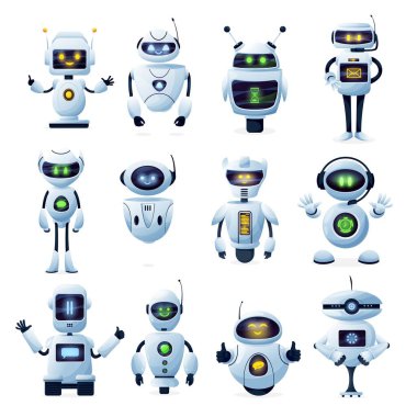 Robotlar ve sohbet robotları, yapay zeka robotları, vektör çizgi film gelecek maskotları. Android robotlar, sohbet robotları ve dijital cyborglar, fütürist teknoloji servisi ve iletişim yapay zekası
