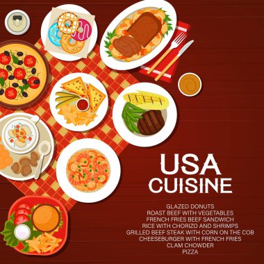 Amerikan mutfağı, Amerikan yemek menüsü örtüsü, vektör yemekleri ve yemekler. Amerikan restoranı ve kafe geleneksel, öğle yemeği ve kahvaltı menüsü posteri sandviç, çizburger, patates kızartması ve pizza.