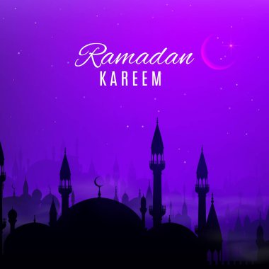 Gece Arap şehriyle Ramazan Kareem tatil vektör tasarımı. Mübarek bayram kartı ile İslam dini cami veya mescidi, minare kuleleri ve hilal ay silüetleri, Arap Müslüman bayramı teması