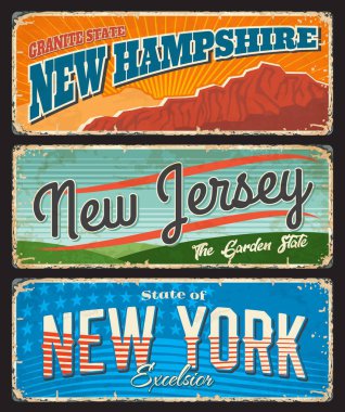 ABD seyahati ve turizm vektörü paslı metal levhalarla New York, New Jersey ve New Hampshire Amerikan eyaletleri. Bahçe, granit ve imparatorluk devletleri, yıldız ve şeritli teneke pankartlar