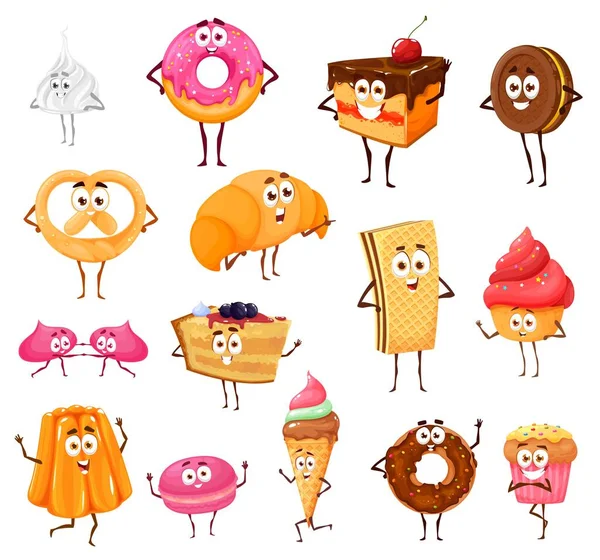 Doces Desenhos Animados Padaria Personagens Engraçados Merengue Donut Bolo Chocolate —  Vetores de Stock