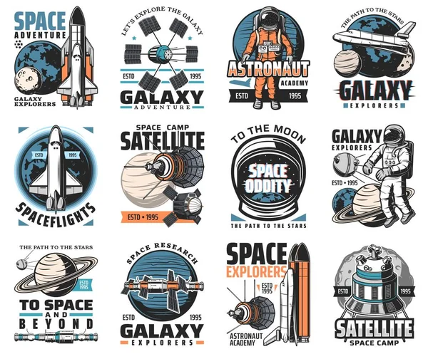 Galaxy Exploratie Vector Pictogrammen Astronaut Raket Ruimte Kosmos Verkennen Shuttles — Stockvector