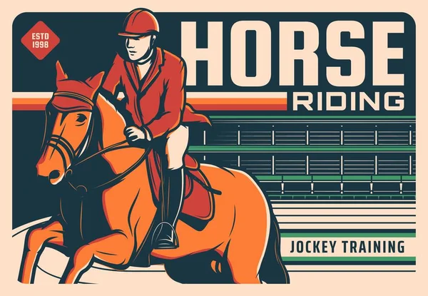 Paardenraces Poster Retro Hippische Ritten Jockey Trainingscentrum Vector Paardrijden Polo — Stockvector