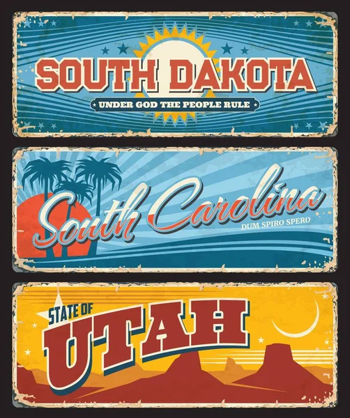 Usa Utah Carolina Güney Dakota Plakaları Amerika Şehir Sloganlı Paslı — Stok Vektör