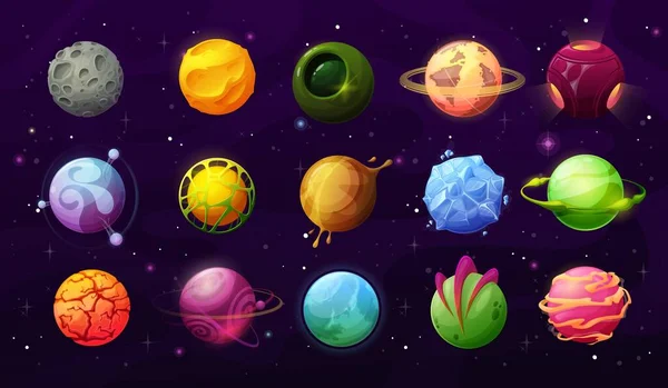 Fantastische Planeten Weltraum Vektor Symbole Cartoon Galaxie Spiel Asteroiden Kosmische — Stockvektor