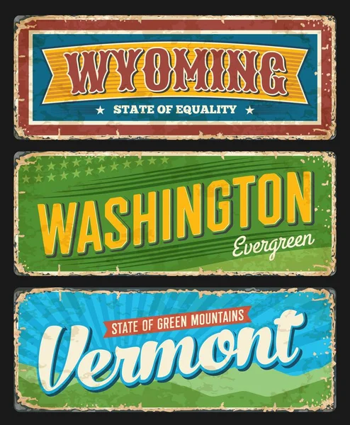 Estados Unidos Grungy Placa Metal Wyoming Washington Vermont Estados Banderas — Vector de stock