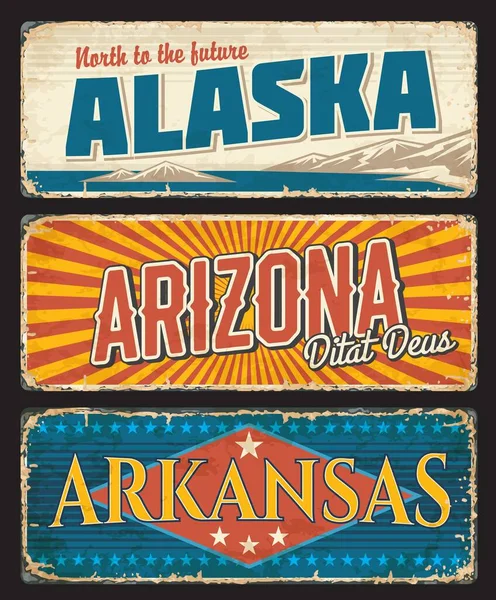 Amerikaanse Staten Alaska Arizona Arkansas Vector Vintage Spandoeken Borden Voor — Stockvector