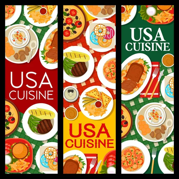 Jedzenie Usa Dania Kuchni Amerykańskiej Dla Restauracji Kawiarni Banery Wektorowe — Wektor stockowy