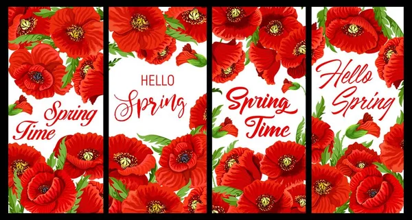 赤いケシの花春のバナー 白い背景に開花の一般的なまたはフィールドケシと春のお祝いのポスター 赤い花弁の花 開花する植物の葉と蕾の手描きベクトル — ストックベクタ