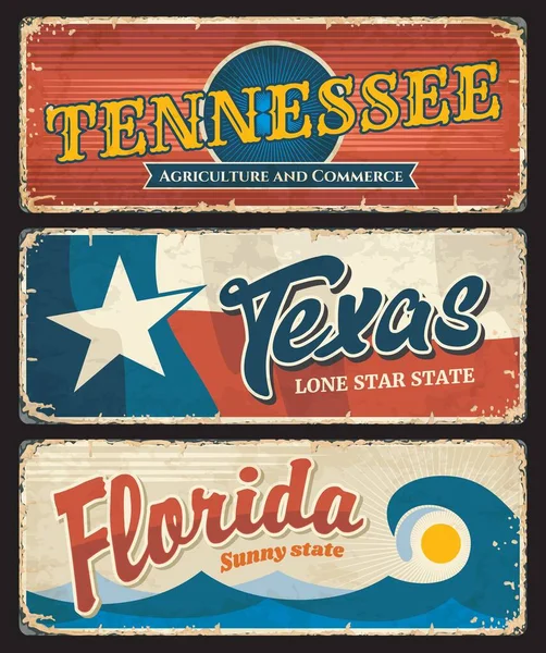 États Unis Texas Floride État Américain Tennessee États Plaques Signes — Image vectorielle