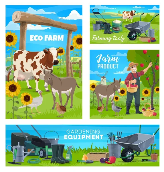 Farm Gardening Agriculture Farming Equipment Vector Harvest Products Cattle Poultry — Stock Vector