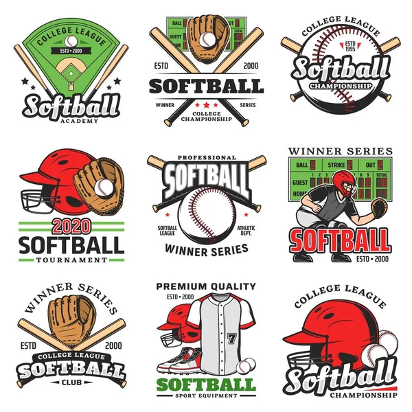 Softball tournament, sport game vector icons. Balls, bats and stadium play field, pitcher player helmet and scoreboard. Catcher glove, softball club sporting items emblems, winner series labels set