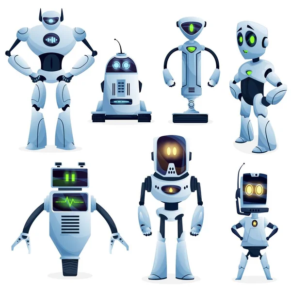 Robot Sztuczna Inteligencja Bot Postaci Kreskówek Wektorowe Roboty Androidy Cyborgi — Wektor stockowy