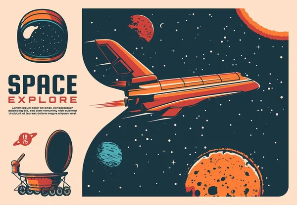 Raumschiff Und Planeten Vektor Retro Poster Der Raumfahrt Shuttle Astronautenanzug — Stockvektor