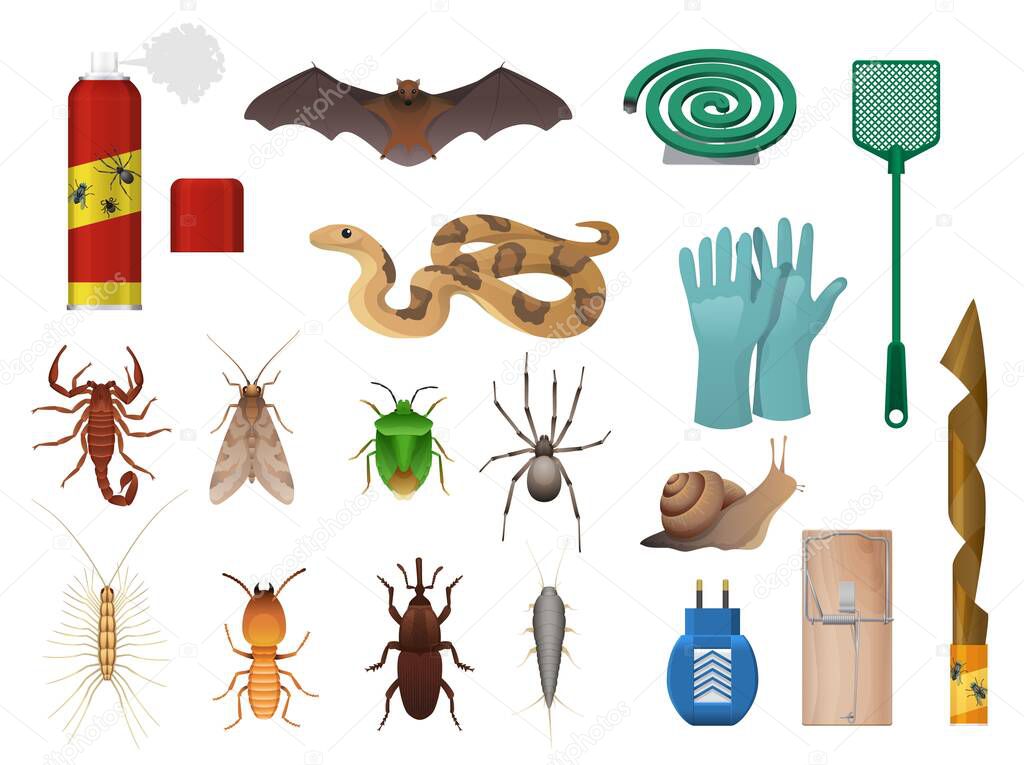 Agricultural, house pests and insects control icons. Snake, bat and scorpion, stink bug, spider and snail, centipede, termite and weevil beetle, swatter, aerosol and mosquito coil, mousetrap vector