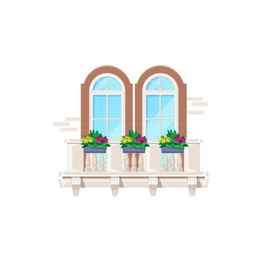 Pencereli balkon, bina binası ve apartman ön cephesi mimarisi, vektör. Klasik balkon, beyaz mermer tırabzan, kemer camlı pencereler ve villa ya da malikane parmaklıklarında çiçekler.
