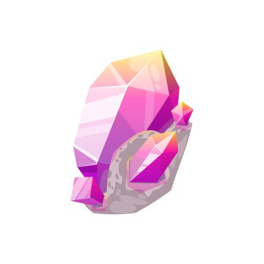 Kayadaki mor değerli taş kristali doğal mineral değerli taş ikonunu izole etti. Vector ui oyun hazinesi, mor ametist veya kuvars, zarif leylak rengi agat, leylak kristal, mücevher süslemesi değerli karat