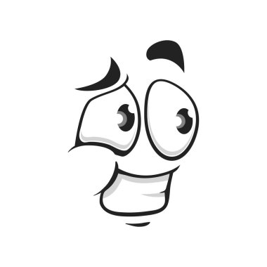 Suçlu gülüşlü çizgi film yüzü, vektör utancı ya da asık surat ifadesi, komik yüz ifadesi, insan duyguları, komik duygular, beyaz arka planda sakarlıklar.