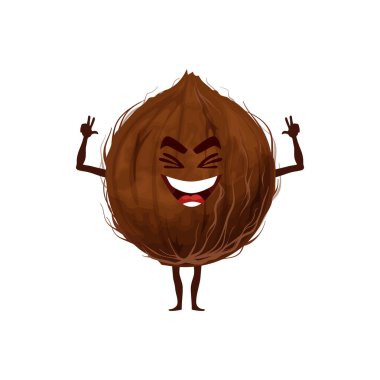 Sert kabuklu hindistan cevizi meyvesi komik, düz çizgi film karakterini izole etti. Vektör egzotik yemek kahramanı, kolları ve bacaklarıyla gülümseyen hindistan cevizi. Tropik palmiye ağacı fındığı, yağ ve süt bileşeni