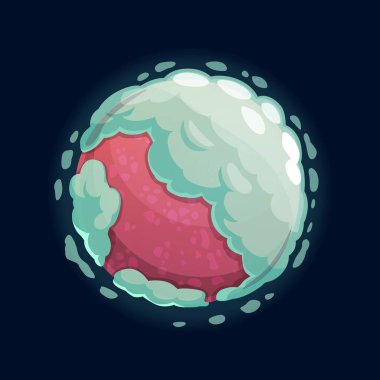 Havalı bulutlardaki kozmik gezegen çizgi filmlerde izole edilebilir gezegen sihirli kozmik uzaylılar dünyası, pembe küre. Güneş sistemindeki komik hayali gezegen, bulutlu yüzey, hayali uzaylılar.